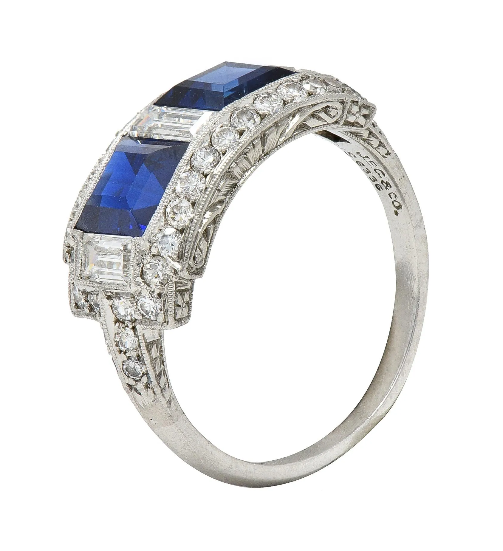 J.E. Caldwell & Co. 1949 2.76 CTW No Heat Sapphire Diamond Platinum Vintage Band Ring GIA
