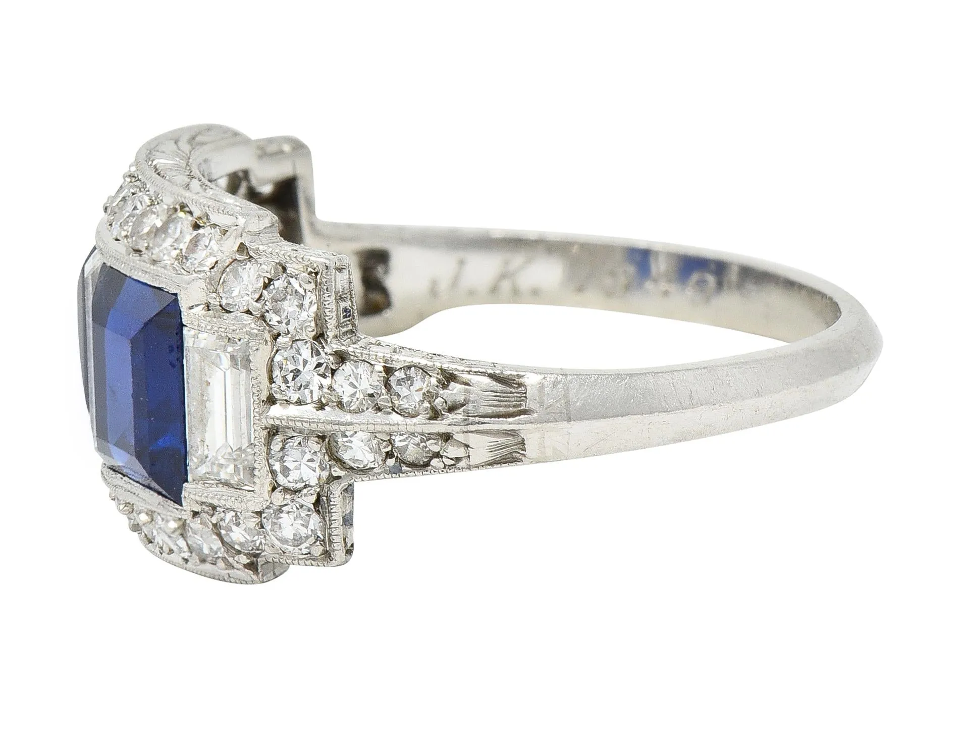 J.E. Caldwell & Co. 1949 2.76 CTW No Heat Sapphire Diamond Platinum Vintage Band Ring GIA