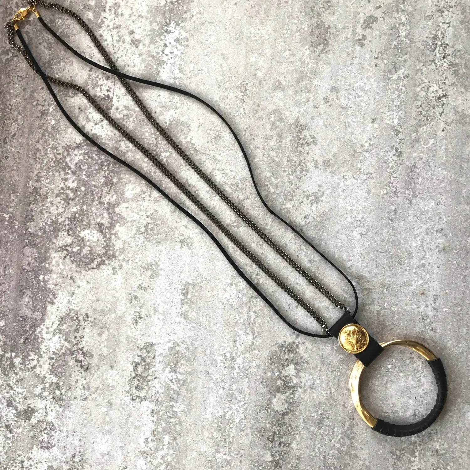 Jennifer - Leather wrapped 24K gold pendant necklace