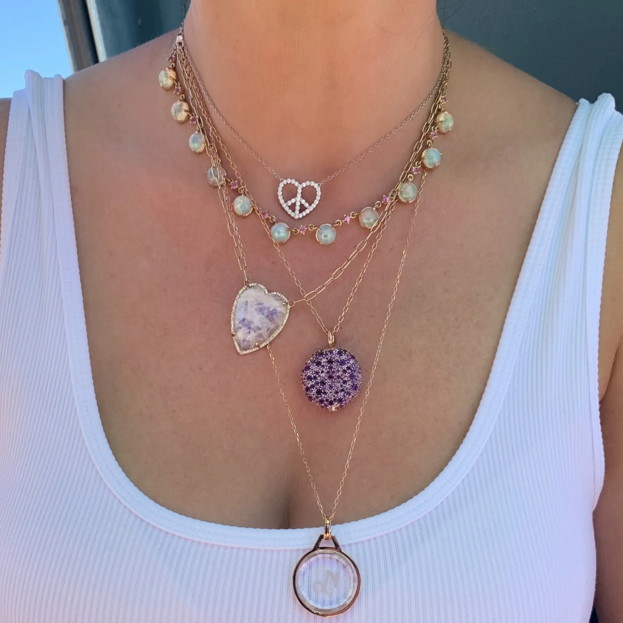 Jumbo Faceted Puffy Gemstone Heart Necklace with Diamond Frame