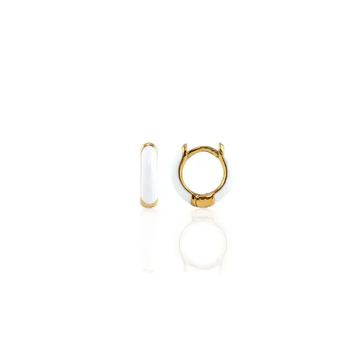 Kris Nations - Earrings - Enamel Huggie Hoop (White, Gold) #E796-G-WHT
