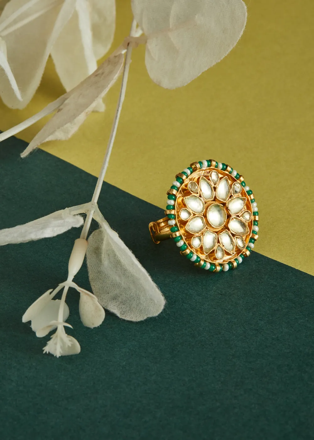 Kundan Crystal Pearl Finger Ring