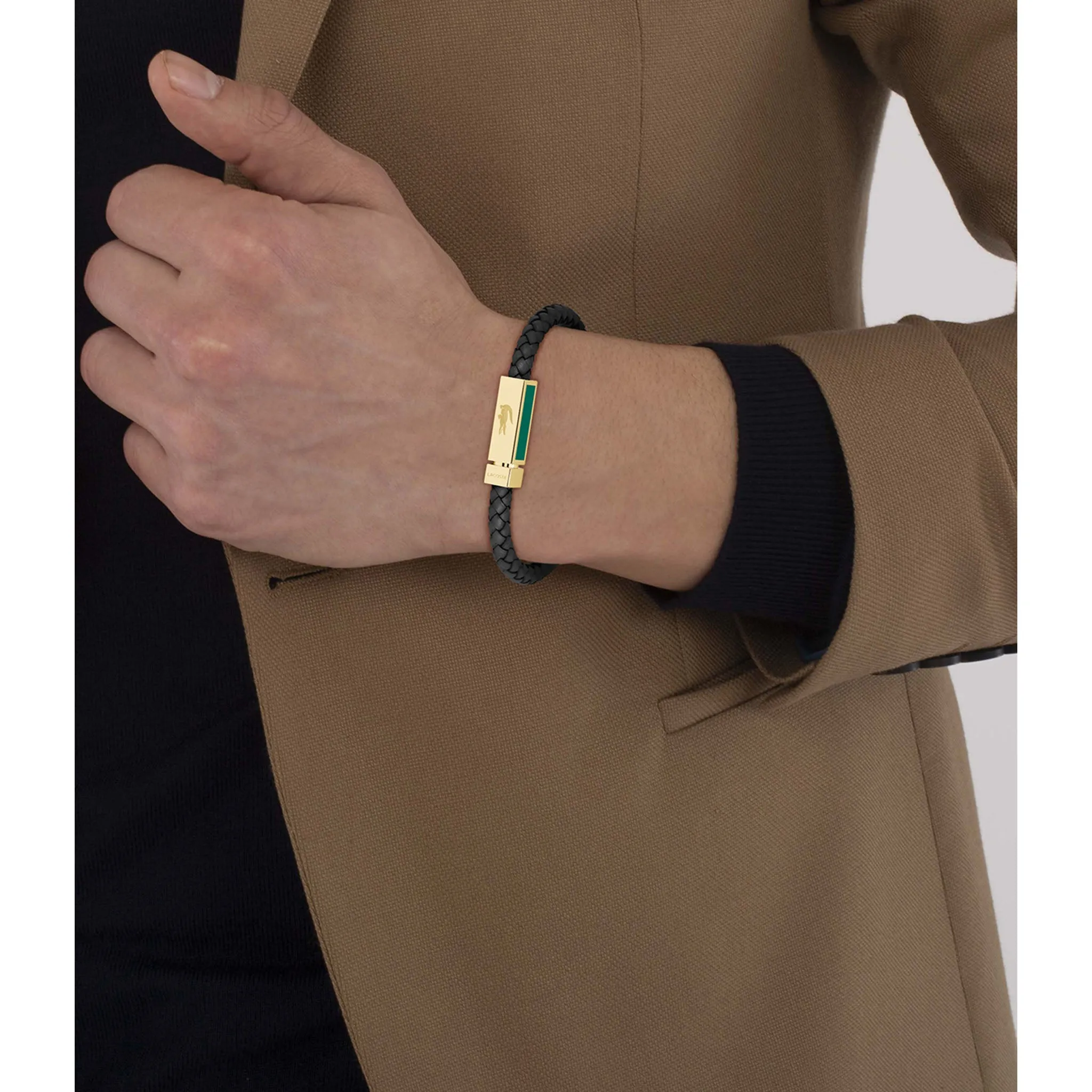 Lacoste Jewellery Gold Steel & Black Leather Men's Bracelet - 2040451