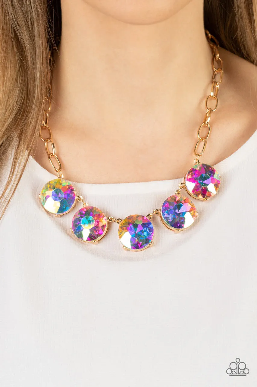 Limelight Luxury - Multi - Oversized Round Iridescent Gem Gold Paparazzi Short Statement Necklace