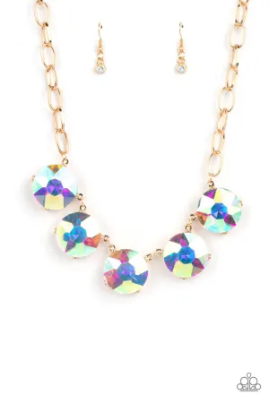 Limelight Luxury - Multi - Oversized Round Iridescent Gem Gold Paparazzi Short Statement Necklace