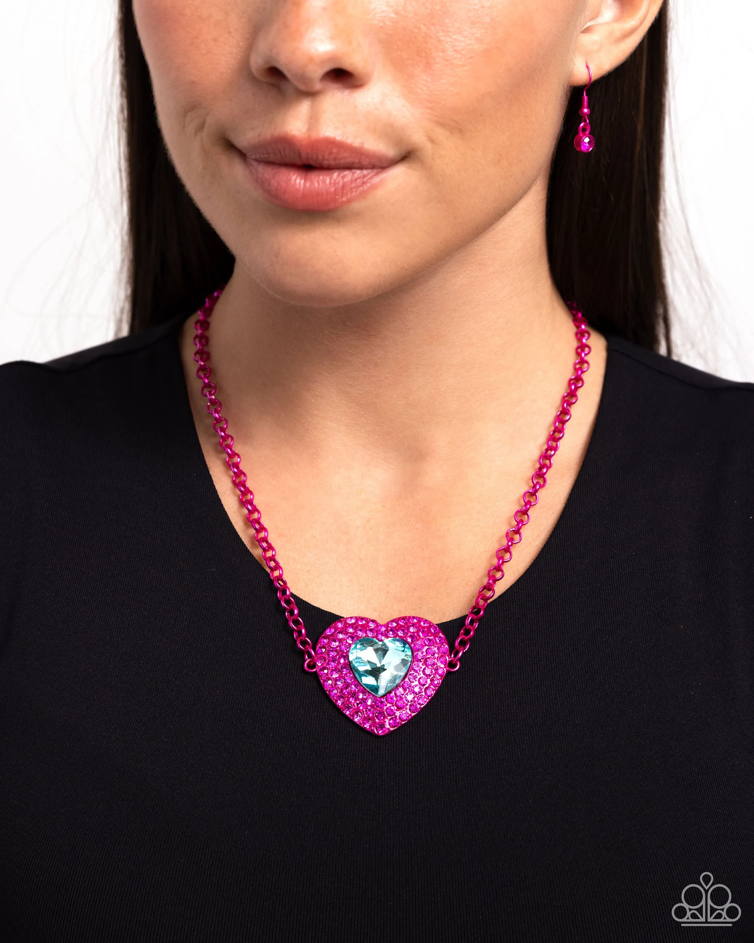 Locket Leisure - Pink - Metallic Heart with Blue Gem Center Paparazzi Short Necklace
