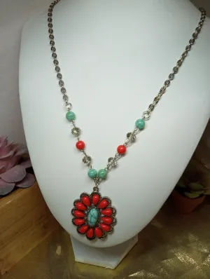 Long Silver Aztec Flower Necklace
