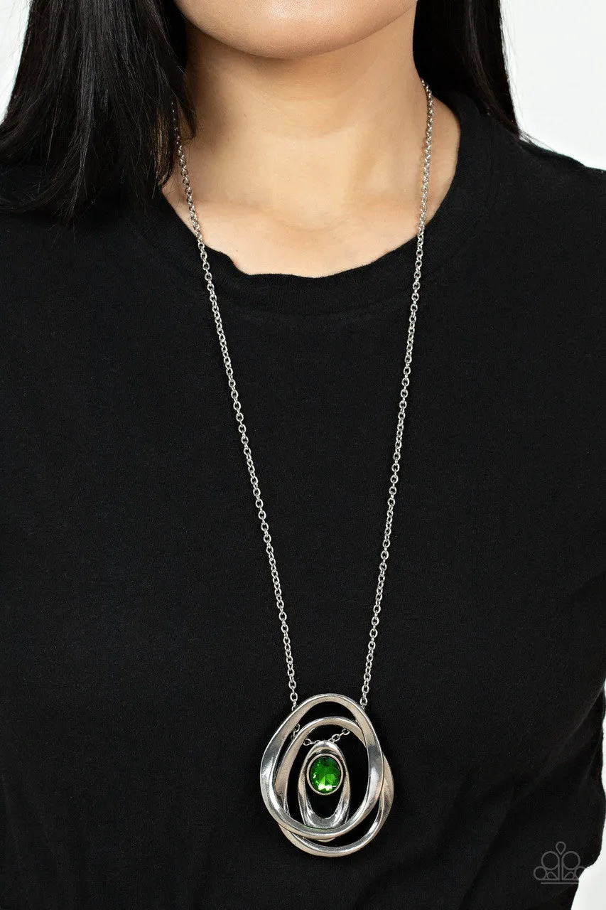 Luminous Labyrinth - Green - Oversized Gem Silver Oval Asymmetric Pendant Paparazzi Long Necklace