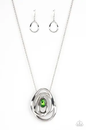 Luminous Labyrinth - Green - Oversized Gem Silver Oval Asymmetric Pendant Paparazzi Long Necklace