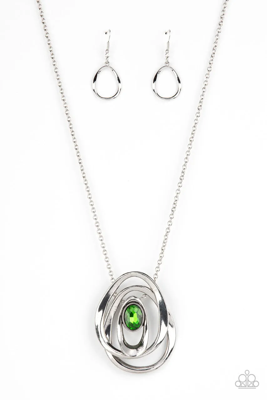 Luminous Labyrinth - Green - Oversized Gem Silver Oval Asymmetric Pendant Paparazzi Long Necklace
