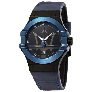 Maserati Potenza Blue Leather Strap Black Dial Quartz Watch for Gents - R8851108007