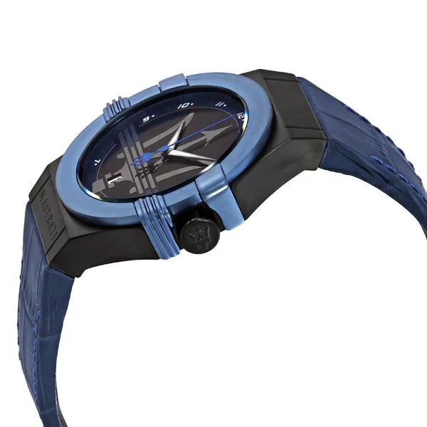 Maserati Potenza Blue Leather Strap Black Dial Quartz Watch for Gents - R8851108007