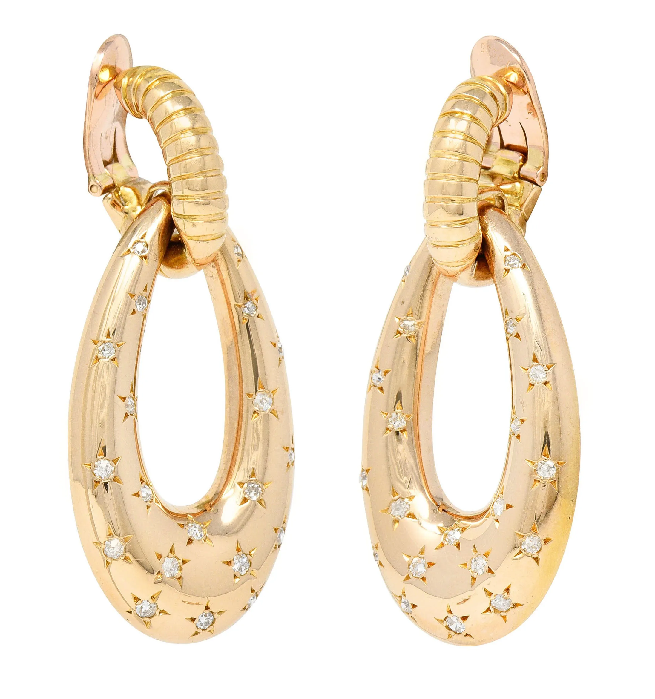 Mauboussin Paris Retro 1.10 CTW Diamond 18 Karat Rose Gold Star Gaspipe Vintage Ear-Clip Doorknocker Earrings