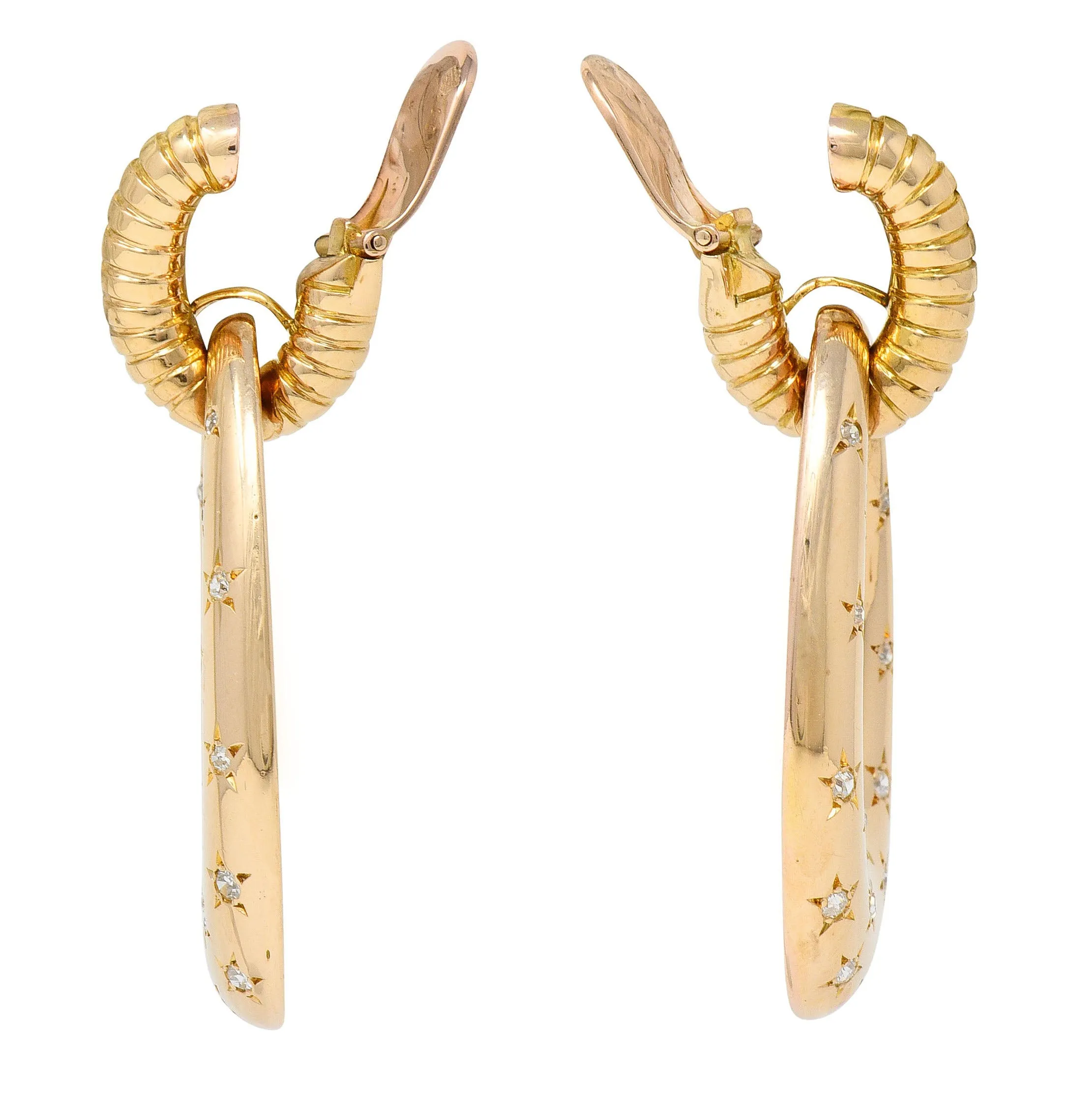 Mauboussin Paris Retro 1.10 CTW Diamond 18 Karat Rose Gold Star Gaspipe Vintage Ear-Clip Doorknocker Earrings