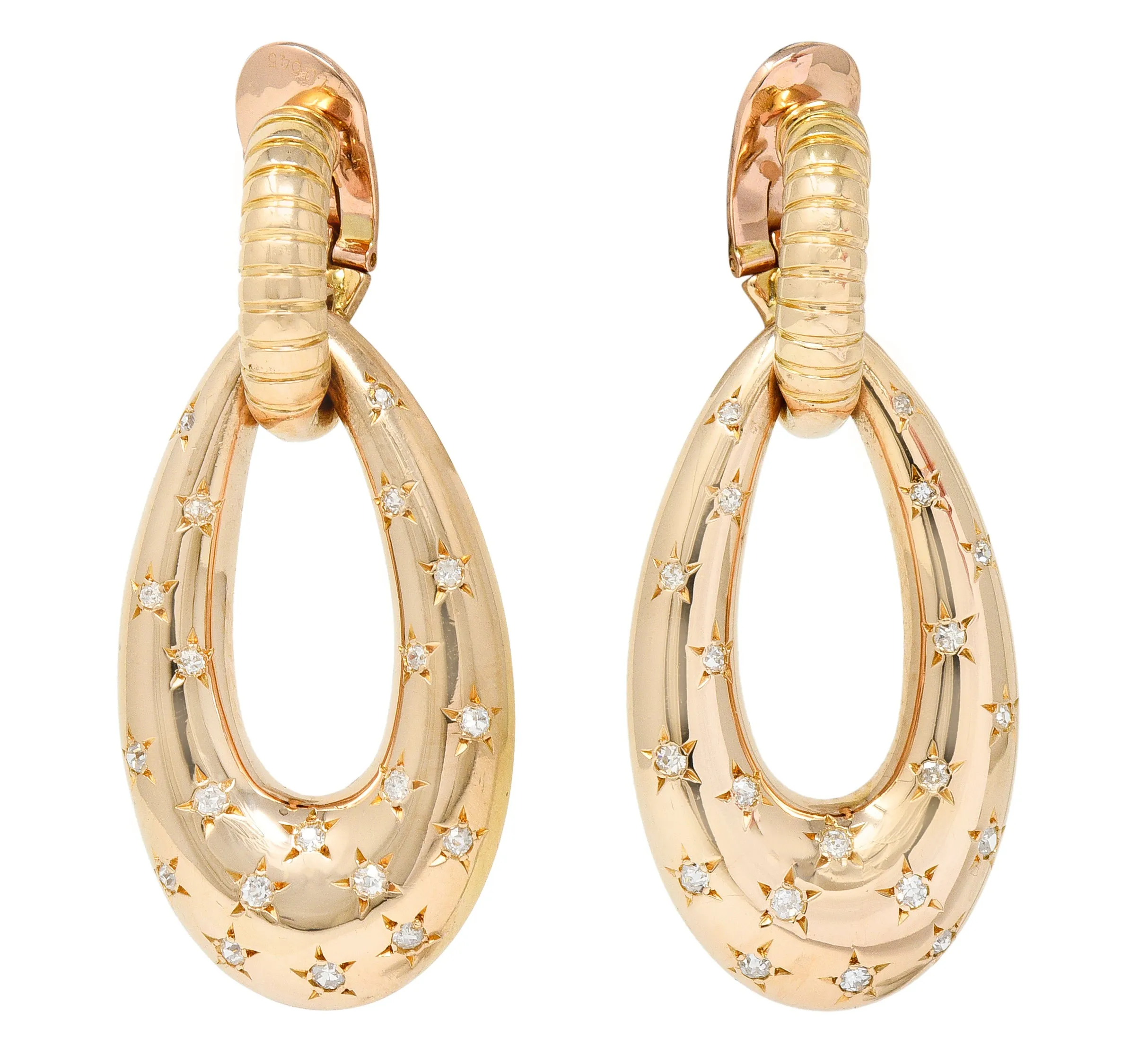 Mauboussin Paris Retro 1.10 CTW Diamond 18 Karat Rose Gold Star Gaspipe Vintage Ear-Clip Doorknocker Earrings