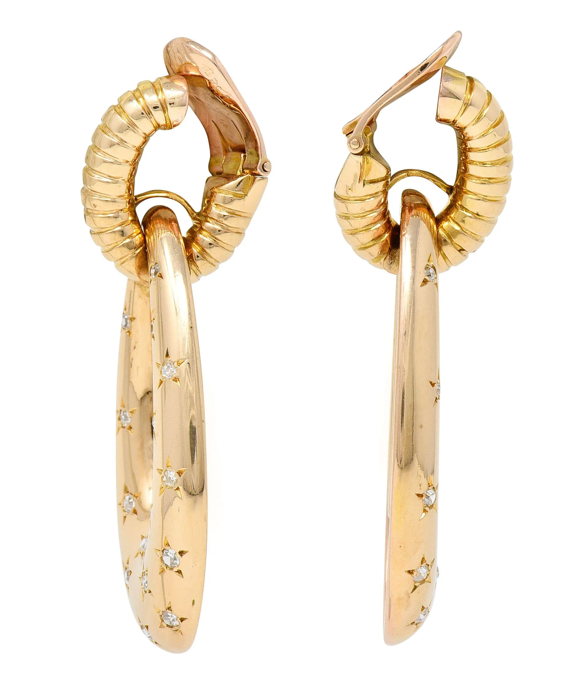 Mauboussin Paris Retro 1.10 CTW Diamond 18 Karat Rose Gold Star Gaspipe Vintage Ear-Clip Doorknocker Earrings