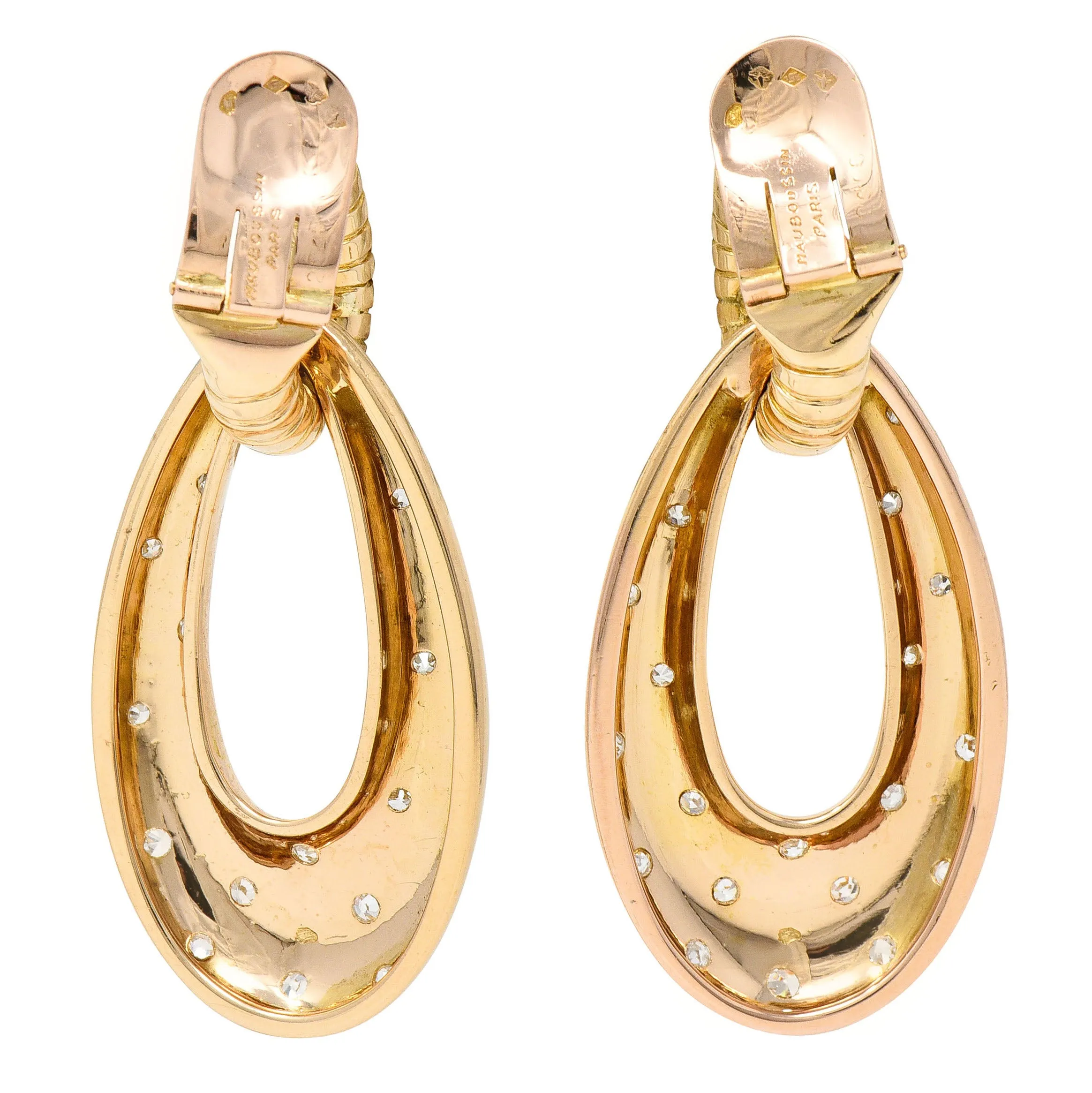 Mauboussin Paris Retro 1.10 CTW Diamond 18 Karat Rose Gold Star Gaspipe Vintage Ear-Clip Doorknocker Earrings