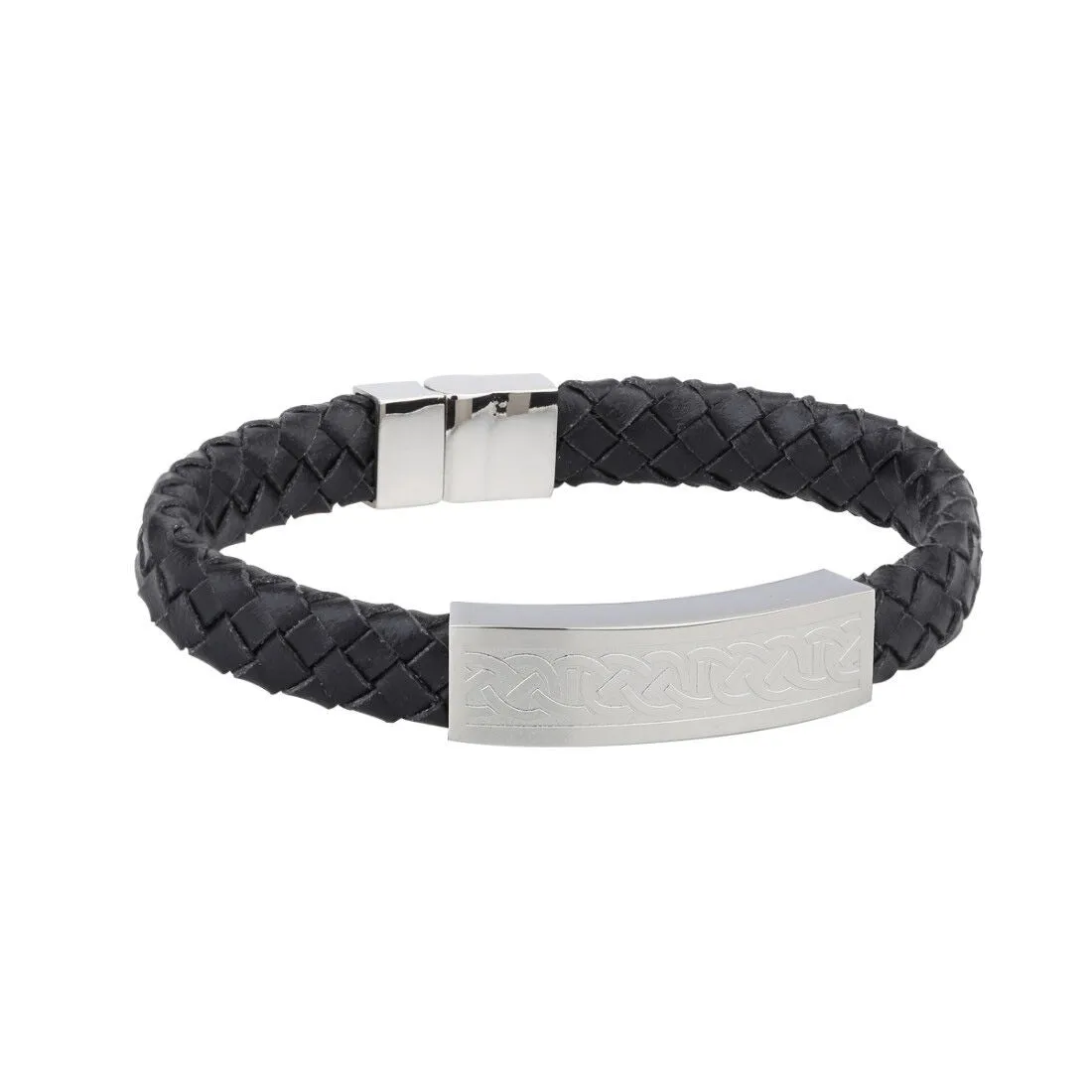 Mens Black Leather Bracelet Wristband With Steel Celtic Knot Design