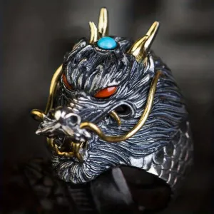 Men's Silvery Dragon Faucet Ring Adjustable Retro Couples Jewelry