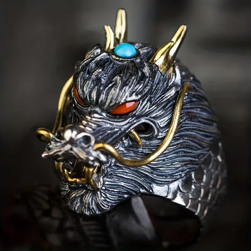 Men's Silvery Dragon Faucet Ring Adjustable Retro Couples Jewelry