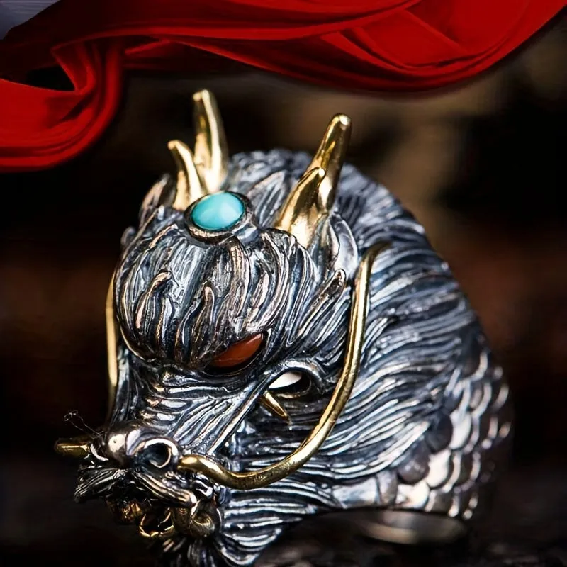 Men's Silvery Dragon Faucet Ring Adjustable Retro Couples Jewelry
