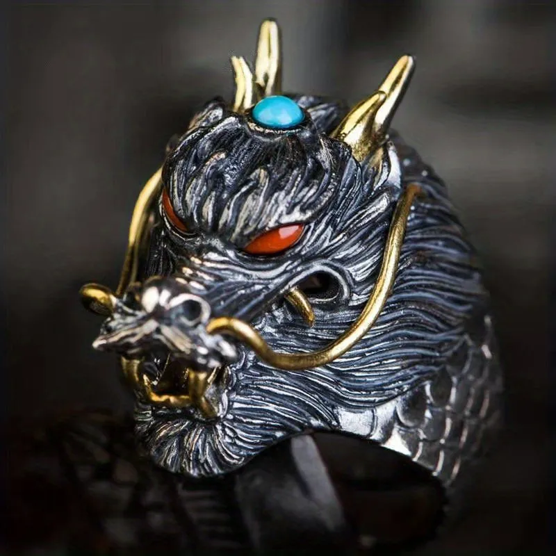 Men's Silvery Dragon Faucet Ring Adjustable Retro Couples Jewelry