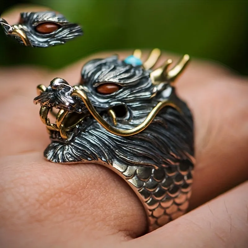 Men's Silvery Dragon Faucet Ring Adjustable Retro Couples Jewelry