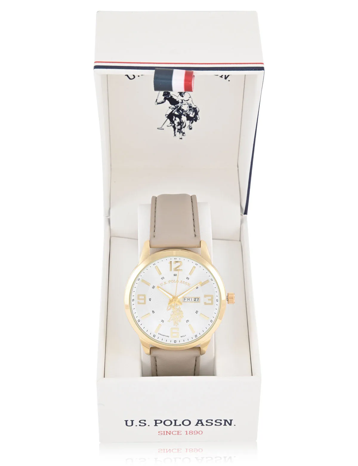 MENS TAN STRAP ANALOG WATCH WITH GOLD ACCENT