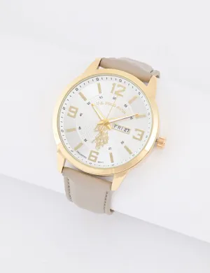 MENS TAN STRAP ANALOG WATCH WITH GOLD ACCENT
