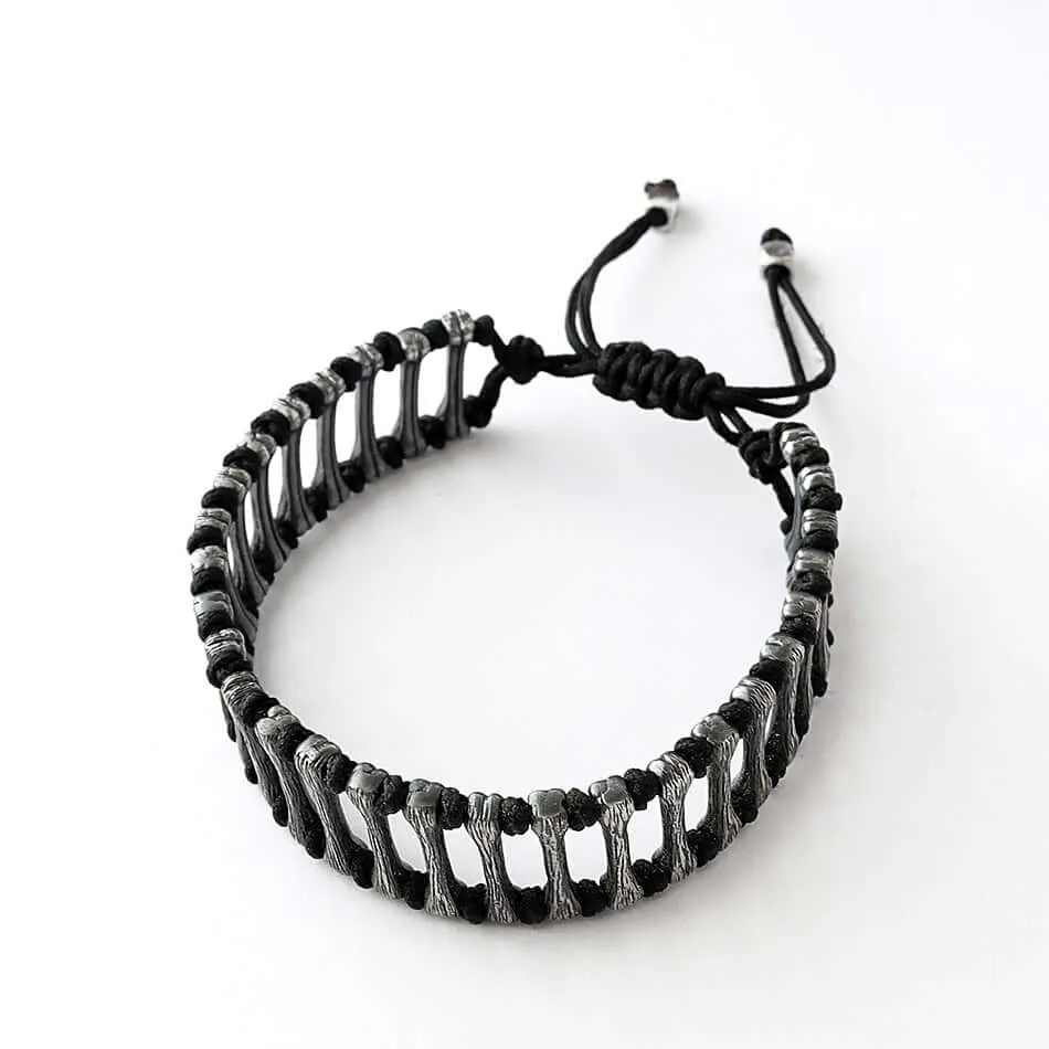 Men's Wide Black Cord Bangle Bracelet with 925 Silver Bones