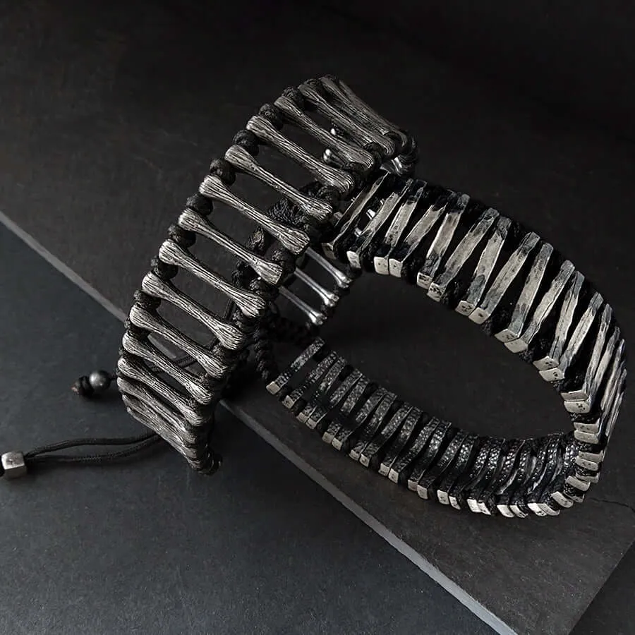 Men's Wide Black Cord Bangle Bracelet with 925 Silver Bones