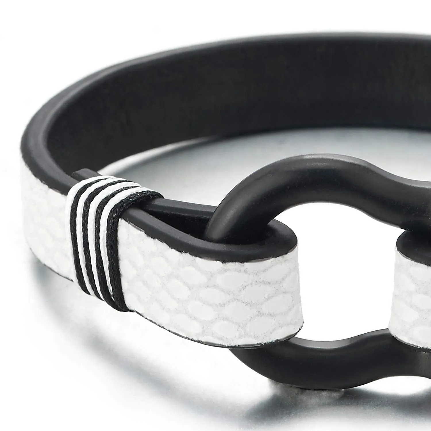 Mens Women Black Steel Nautical Screw Anchor Shackle Bracelet, White Print Leather Unique