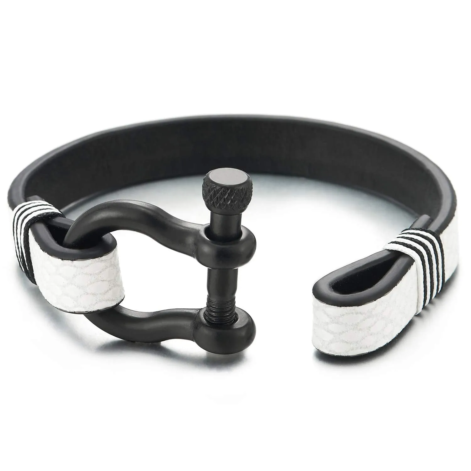 Mens Women Black Steel Nautical Screw Anchor Shackle Bracelet, White Print Leather Unique