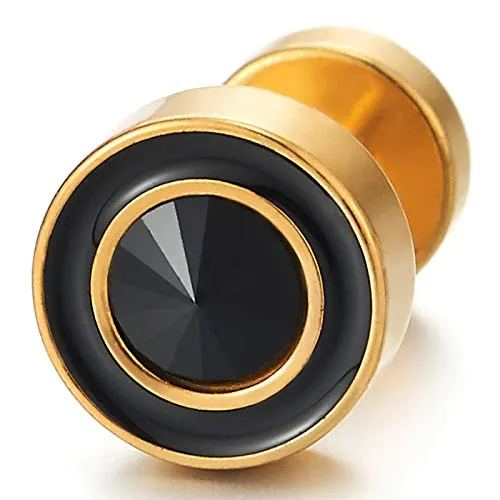 Mens Womens Gold Circle Stud Earrings with Black Enamel and Spiked CZ, Steel Cheater Fake Ear Plugs