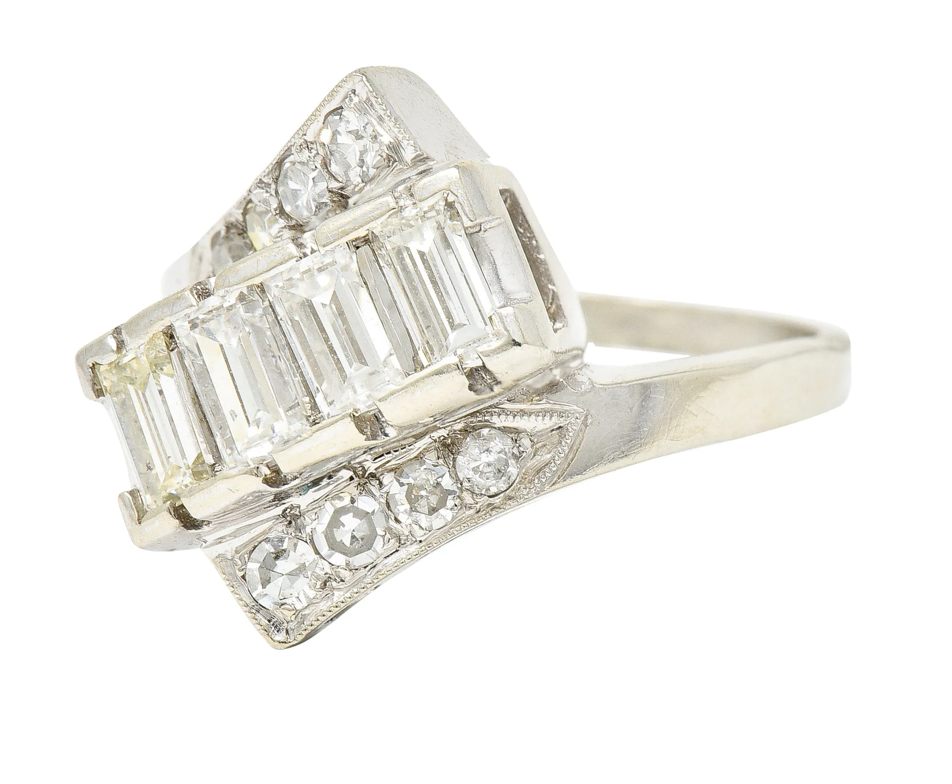 Mid-Century 1.00 CTW Diamond 14 Karat White Gold Vintage Bypass Ring