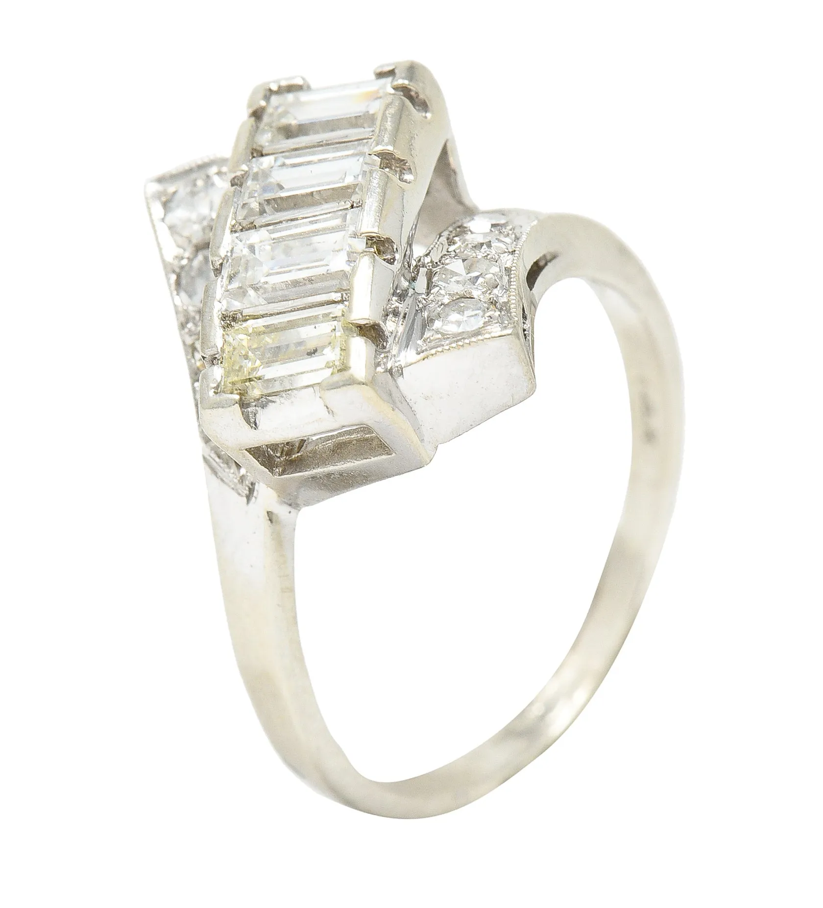 Mid-Century 1.00 CTW Diamond 14 Karat White Gold Vintage Bypass Ring