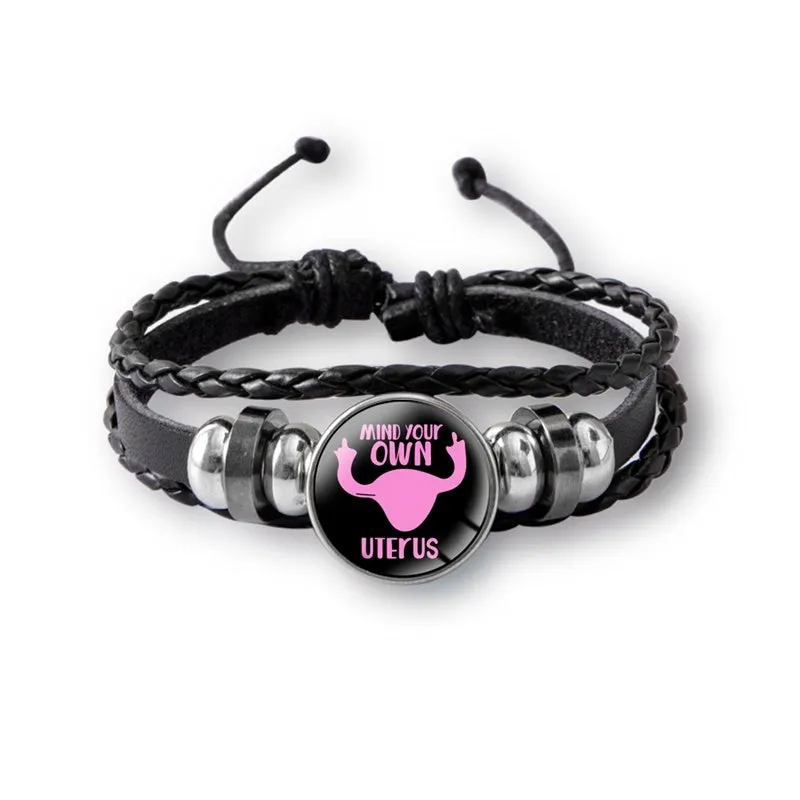 Mind Your Own Uterus Glass Snap Button Charm Bracelet Vintage Multi-layer Leather Bracelets For Women Men