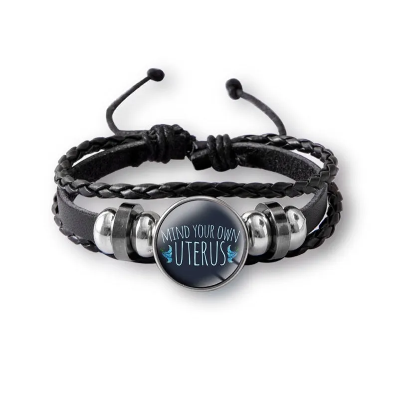 Mind Your Own Uterus Glass Snap Button Charm Bracelet Vintage Multi-layer Leather Bracelets For Women Men