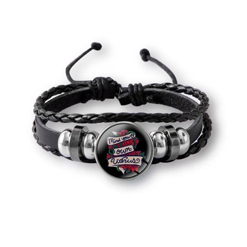 Mind Your Own Uterus Glass Snap Button Charm Bracelet Vintage Multi-layer Leather Bracelets For Women Men