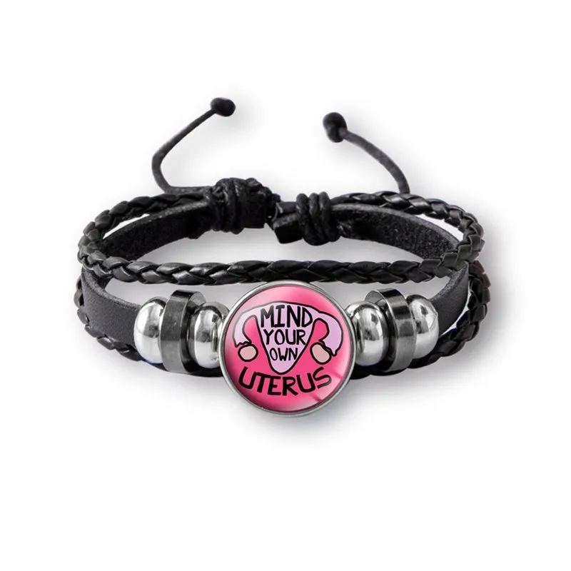 Mind Your Own Uterus Glass Snap Button Charm Bracelet Vintage Multi-layer Leather Bracelets For Women Men