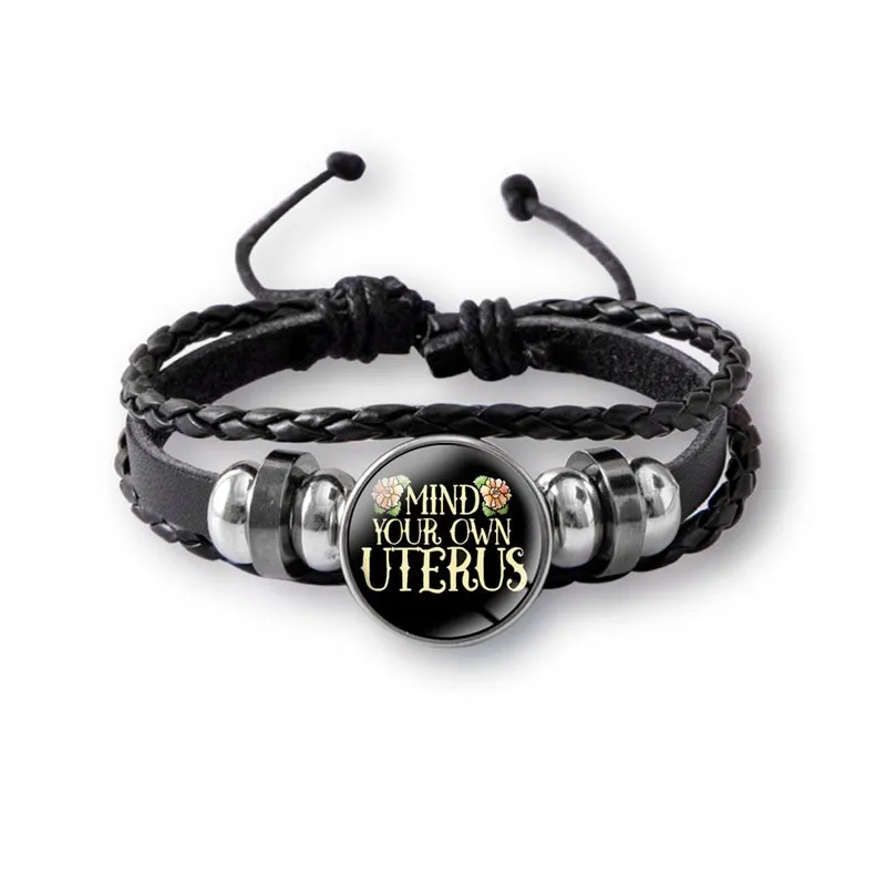 Mind Your Own Uterus Glass Snap Button Charm Bracelet Vintage Multi-layer Leather Bracelets For Women Men