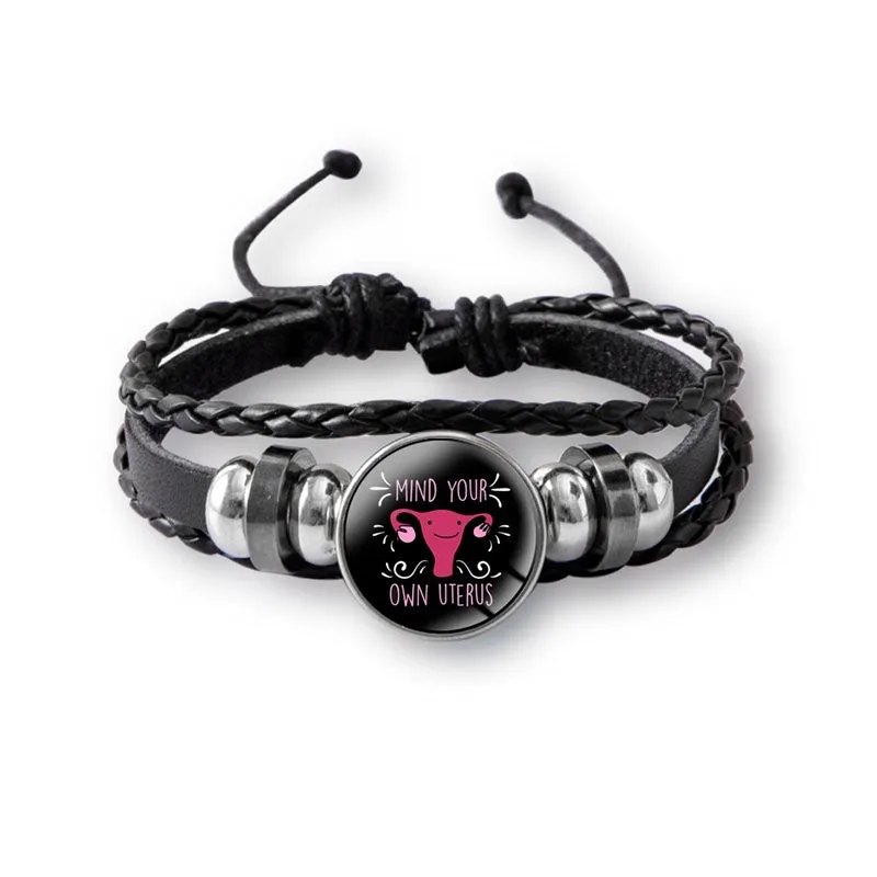 Mind Your Own Uterus Glass Snap Button Charm Bracelet Vintage Multi-layer Leather Bracelets For Women Men