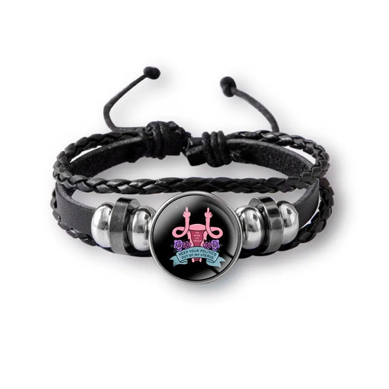 Mind Your Own Uterus Glass Snap Button Charm Bracelet Vintage Multi-layer Leather Bracelets For Women Men
