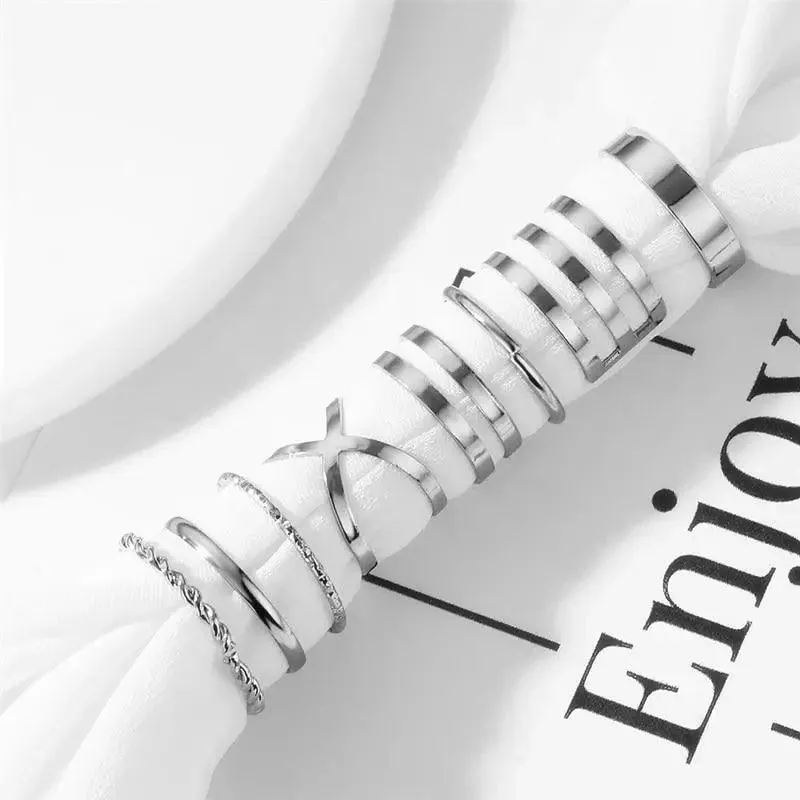 Modern  Gold Color Round Hollow Geometric Rings Set For Women And Girls Fashionable Cross Twist Open Ring Joint Ring Female Jewelry