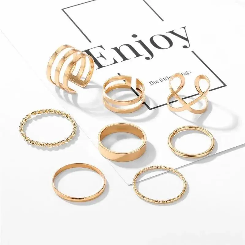Modern  Gold Color Round Hollow Geometric Rings Set For Women And Girls Fashionable Cross Twist Open Ring Joint Ring Female Jewelry