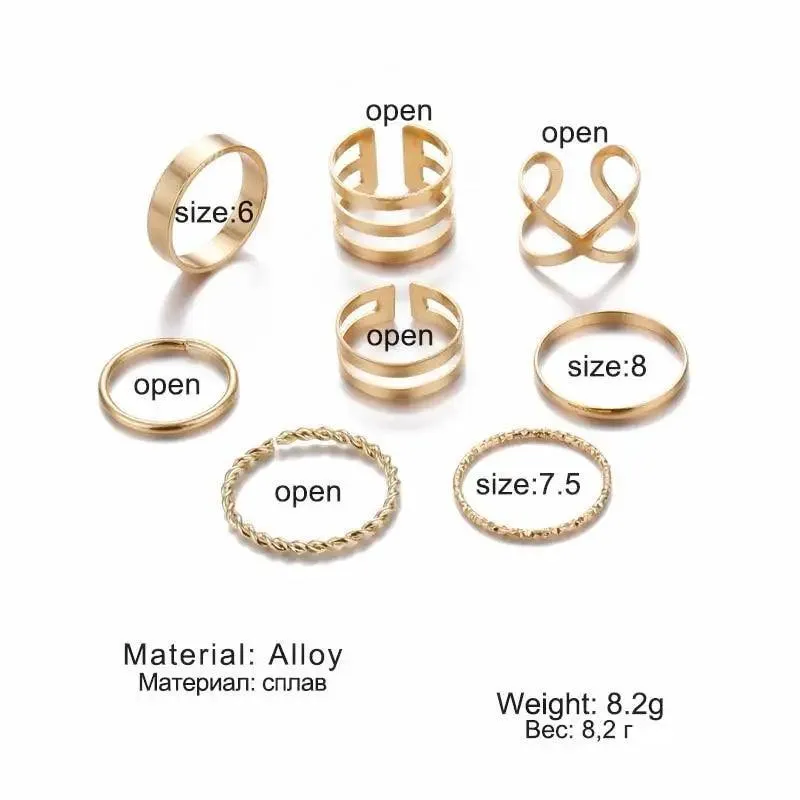 Modern  Gold Color Round Hollow Geometric Rings Set For Women And Girls Fashionable Cross Twist Open Ring Joint Ring Female Jewelry
