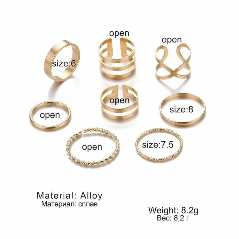 Modern  Gold Color Round Hollow Geometric Rings Set For Women And Girls Fashionable Cross Twist Open Ring Joint Ring Female Jewelry