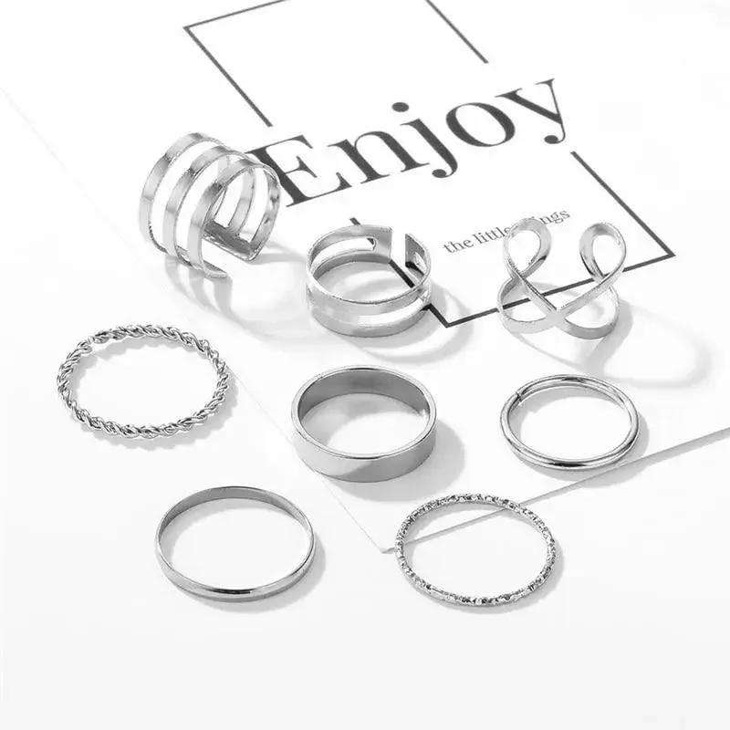Modern  Gold Color Round Hollow Geometric Rings Set For Women And Girls Fashionable Cross Twist Open Ring Joint Ring Female Jewelry