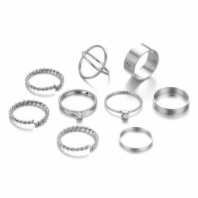 Modern  Gold Color Round Hollow Geometric Rings Set For Women And Girls Fashionable Cross Twist Open Ring Joint Ring Female Jewelry