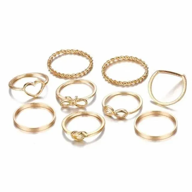Modern  Gold Color Round Hollow Geometric Rings Set For Women And Girls Fashionable Cross Twist Open Ring Joint Ring Female Jewelry